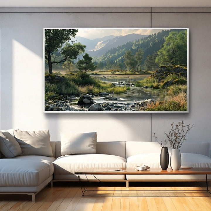 Tableau Paysage Panoramique de Rivière et Montagnes, art mural décoration nature
