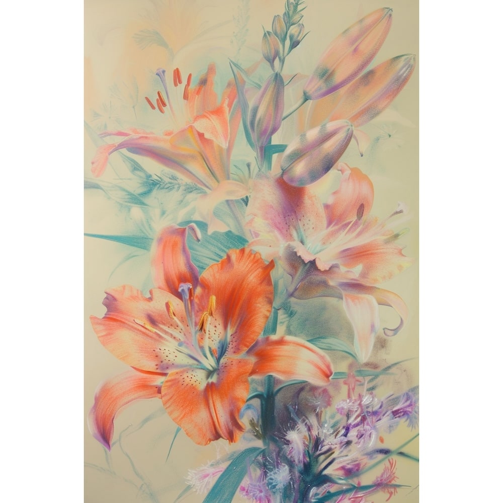 Tableau de Fleurs Au Pastel, Lys Orangés Doux, art mural décoration nature