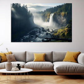 Tableau Cascade en Montagne Brumeuse, art mural décoration nature