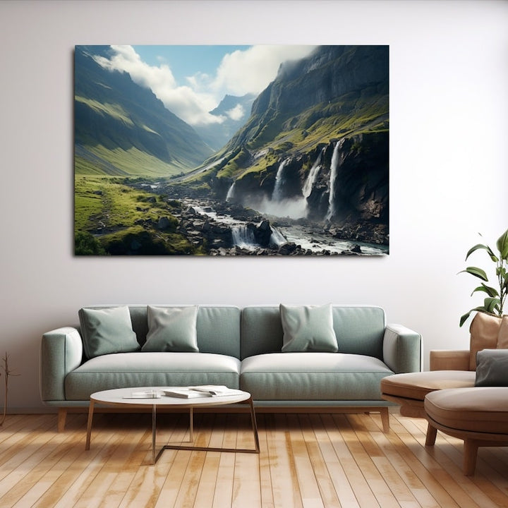 Tableau Paysage de Montagne avec Cascade, art mural décoration nature