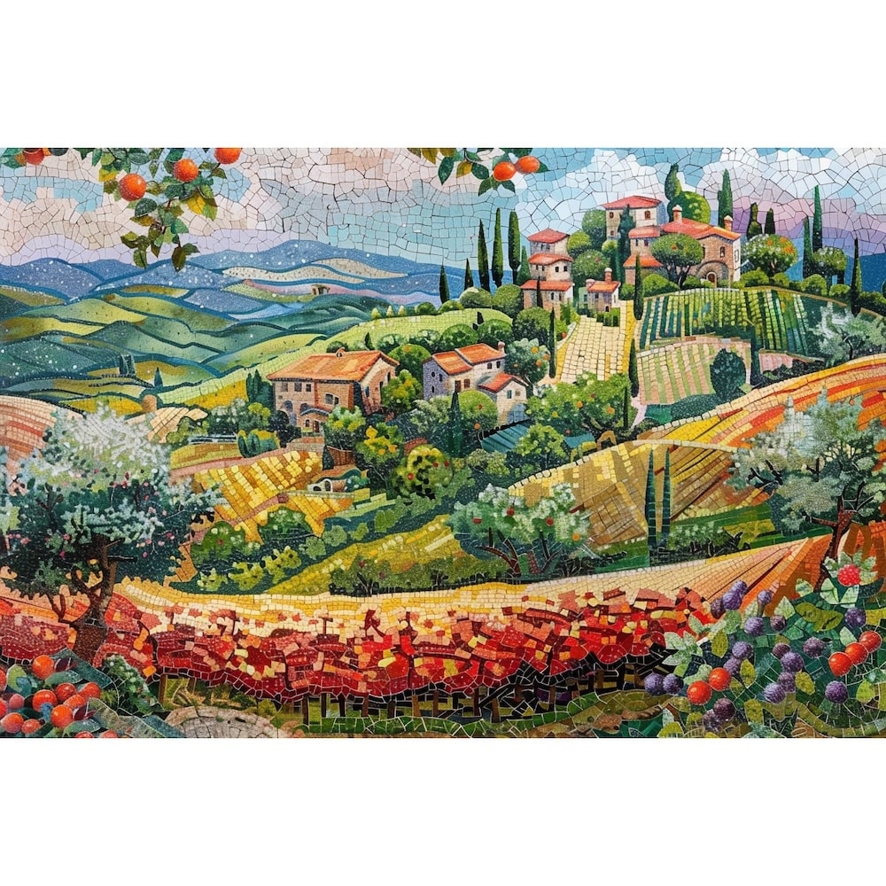 Peinture mosaïque d'un paysage méditerranéen, vignes, oliviers et branches d'oranger aux tons chauds