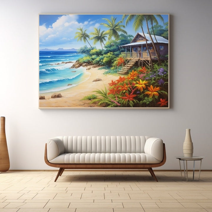 Tableau Peint Palmier Plage Maison, art mural décoration nature