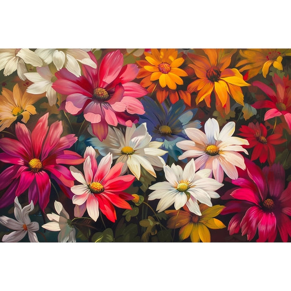 Peinture à l'huile d'un massif de fleurs fuchsia, jaunes et blanches aux coeurs dorés