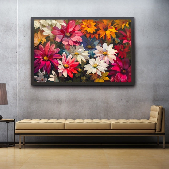Tableau de marguerites et gerberas roses, blancs et orangés serrés sur un feuillage vert sombre
