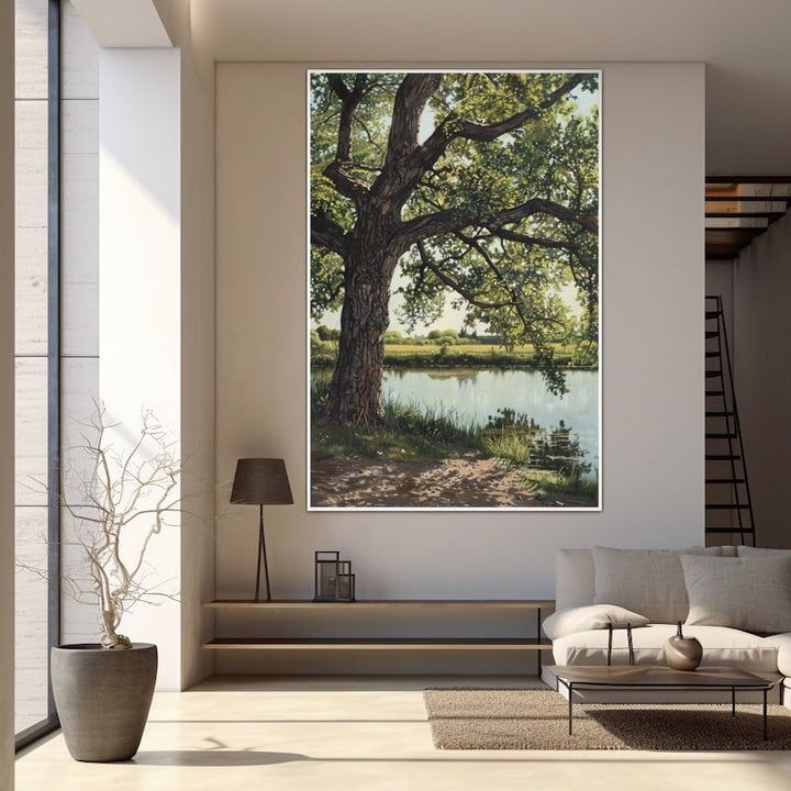 Tableau d'Arbre Peinture, Chêne au Bord de la Rivière, art mural décoration nature