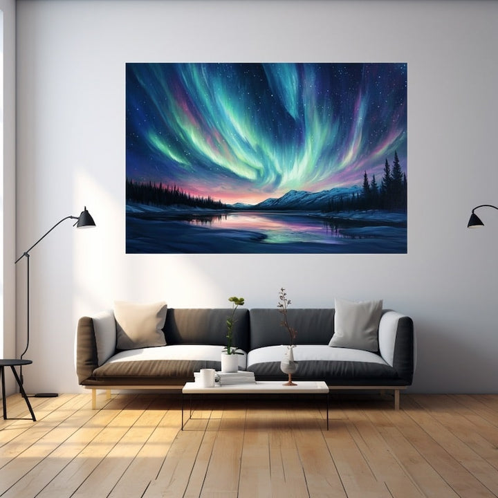 Tableau Peinture Aurore Boréale, art mural décoration nature