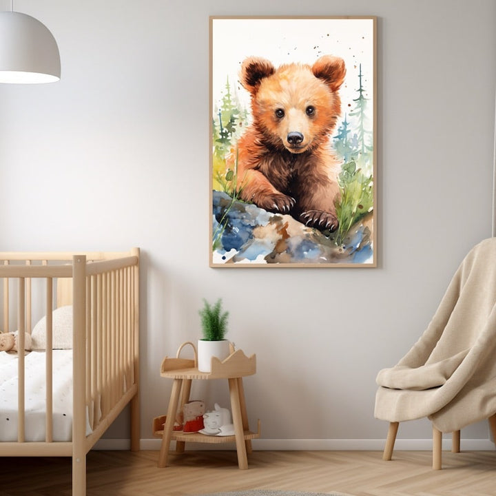 Tableau Peinture Bébé Ours, art mural décoration nature