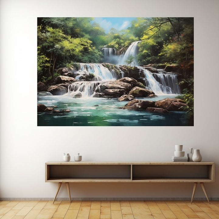 Tableau Cascade en Gradins dans la Forêt Verdoyante, art mural décoration nature