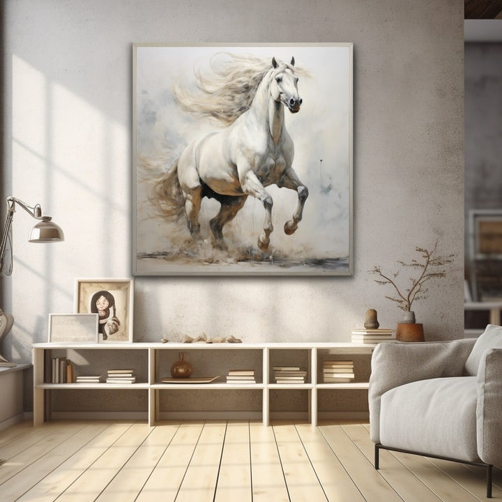 Tableau Peinture Cheval Blanc, art mural décoration nature