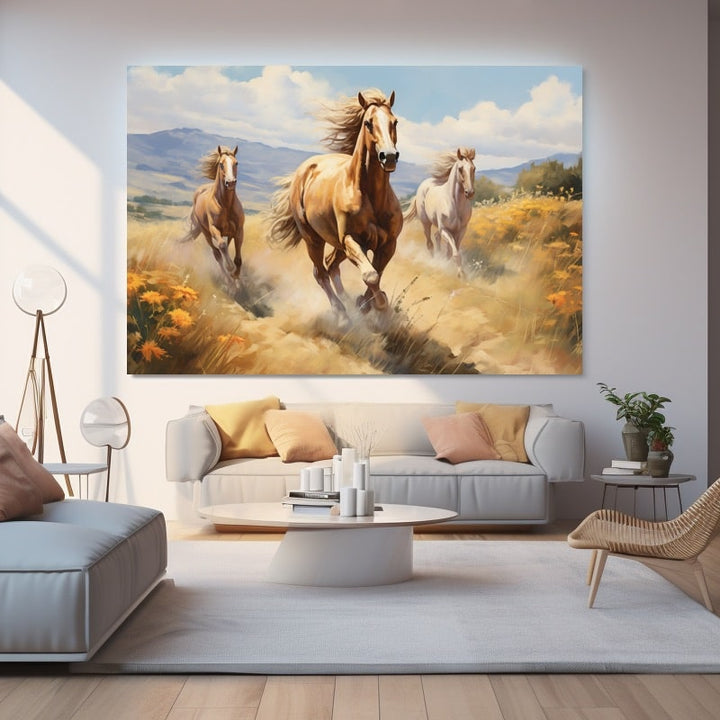 Tableau Trois Chevaux en Prairie, art mural décoration nature