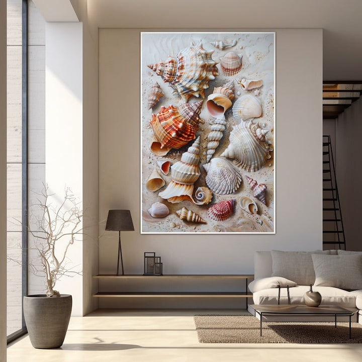 Tableau Peinture avec Coquillages sur le Sable, art mural décoration nature
