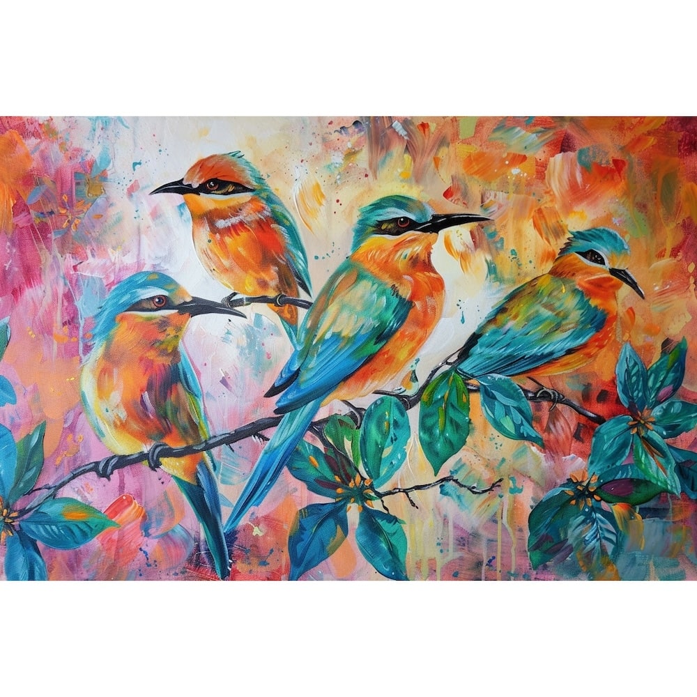 Tableau de Peinture d'Oiseaux Multicolores sur Branche, art mural décoration nature