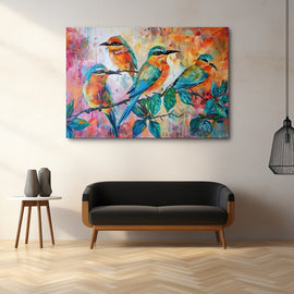 Tableau de Peinture d'Oiseaux Multicolores sur Branche, art mural décoration nature