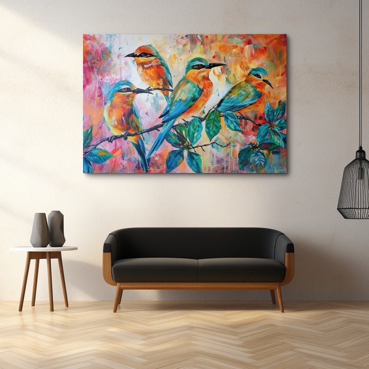 Tableau de Peinture d'Oiseaux Multicolores sur Branche, art mural décoration nature