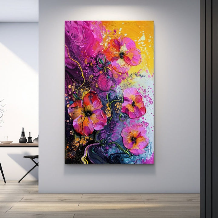 Tableau de fleurs roses aux cœurs orangés, tiges vertes ondulantes sur fond fuchsia, jaune et turquoise