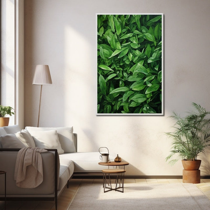 Tableau Peinture Feuilles Vertes Fines, art mural décoration nature