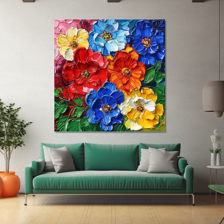 Tableau de fleurs en épais empâtements, corolles rouges, bleues, jaunes et orange sur feuillage vert