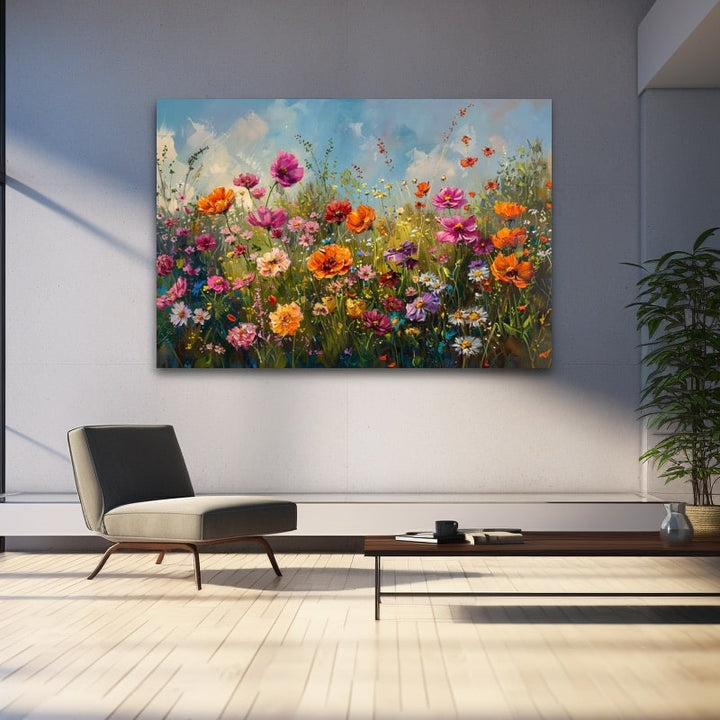Tableau d'un champ de fleurs sauvages, coquelicots orangés, cosmos roses et marguerites sous un ciel bleu
