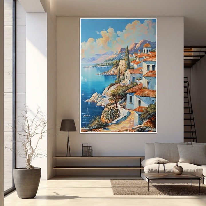 Tableau d'un village méditerranéen aux toits de tuiles rouges dominant une baie turquoise parsemée de voiliers