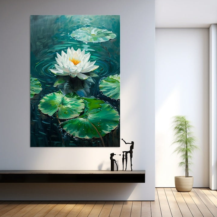 Tableau d'un nénuphar blanc au cœur doré posé sur une eau vert émeraude, entouré de larges feuilles rondes