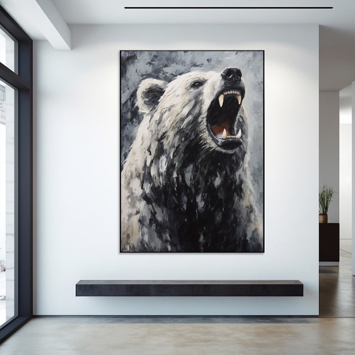 Tableau Peinture Ours Noir et Blanc, art mural décoration nature