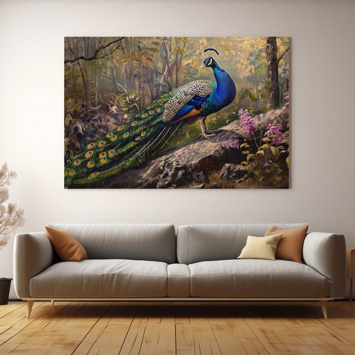 Tableau Peinture Paon, art mural décoration nature