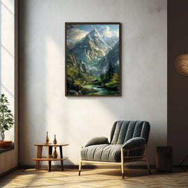 Tableau Peinture Paysage de Montagne et Rivière, art mural décoration nature
