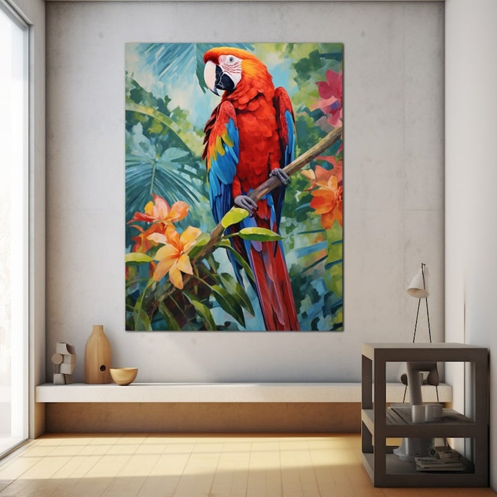 Tableau Peinture Perroquet et Fleurs, art mural décoration nature