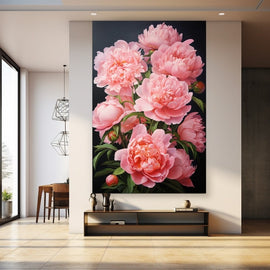 Tableau Peinture Pivoine Fond Noir, art mural décoration nature