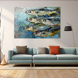 Tableau Peinture Sardines, art mural décoration nature