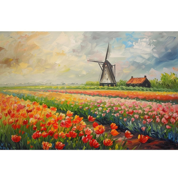 Peinture au couteau de rangées de tulipes colorées, moulin à vent et maisonnette au toit orangé