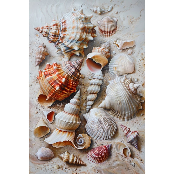 Tableau Peinture avec Coquillages sur le Sable, art mural décoration nature