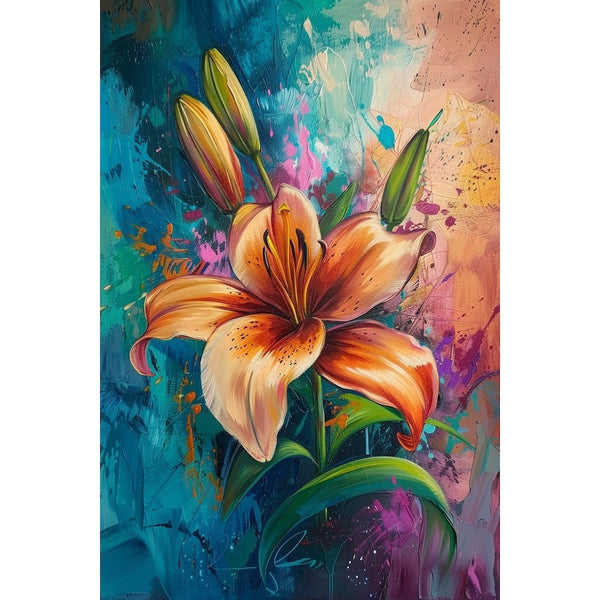 Peinture d'une fleur de lys orangée aux étamines dorées, deux boutons verts sur fond bleu, rose et pêche
