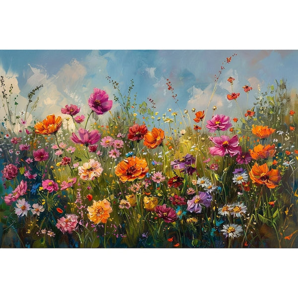 Peinture à l'huile en touches épaisses d'une prairie fleurie aux tons orange, fuchsia et blanc