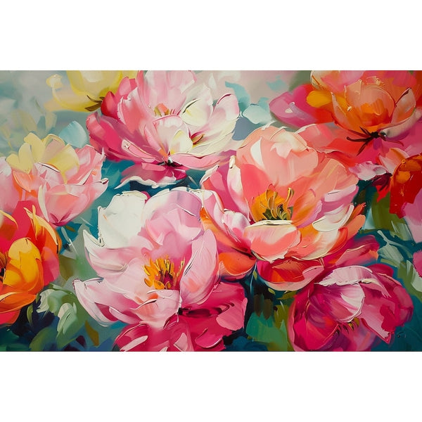 Peinture florale au couteau, pétales roses et fuchsia épanouis, cœurs jaunes et feuillage vert bleuté