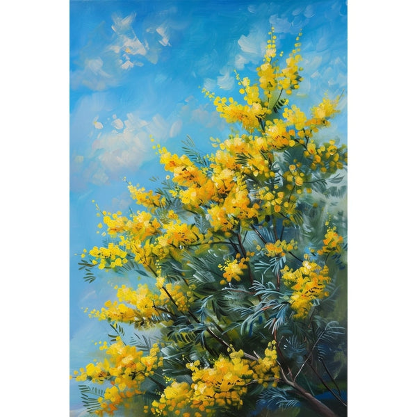 Peinture de branches de mimosa constellées de fleurs dorées, nuages blancs et bleu lumineux