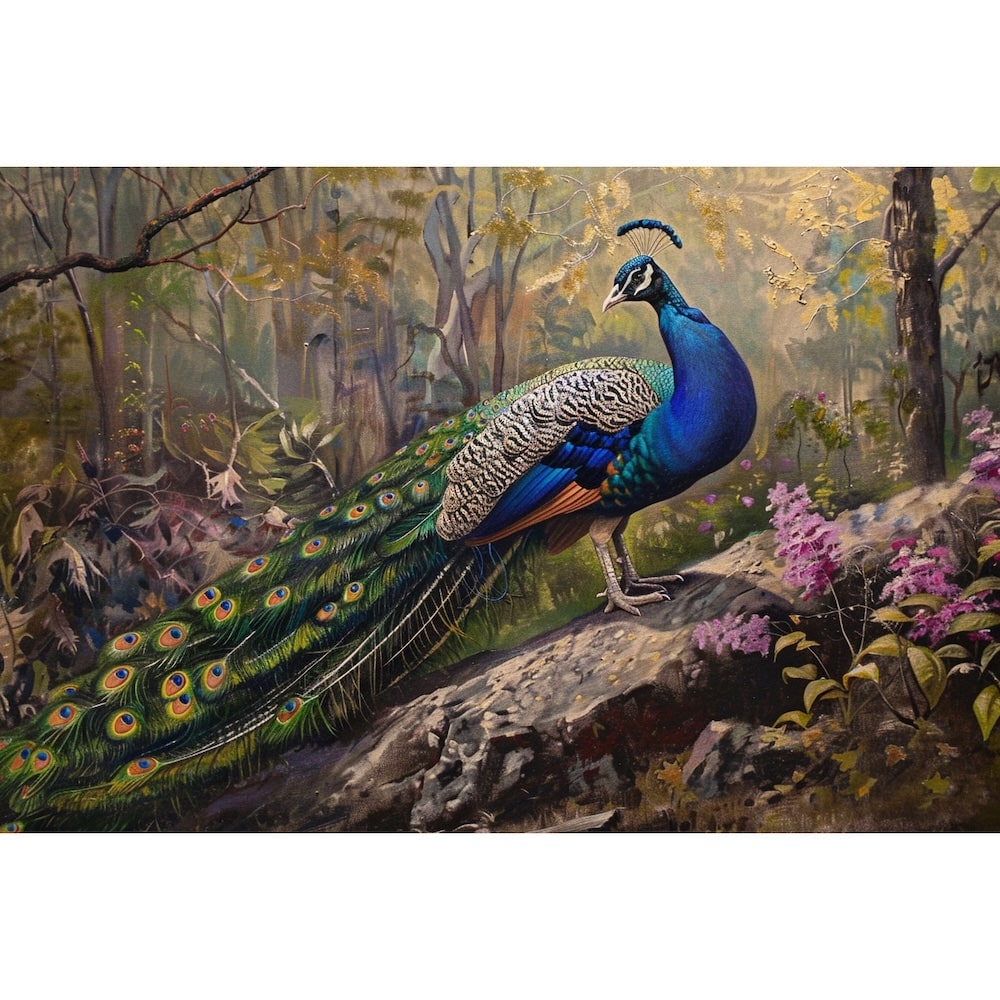Tableau Peinture Paon, art mural décoration nature, vue 2