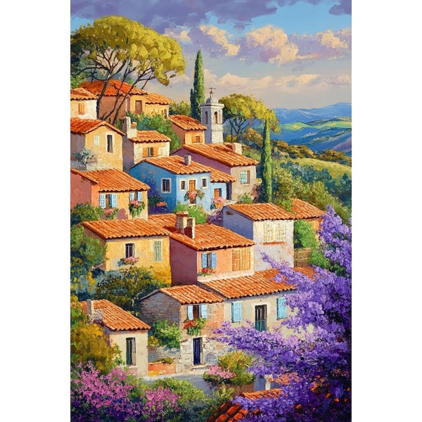 Peinture de maisons ocre et bleues étagées à flanc de colline, clocher, pins parasols et vallée verte