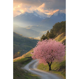 Tableau Cerisier en Fleurs en Montagne, art mural décoration nature