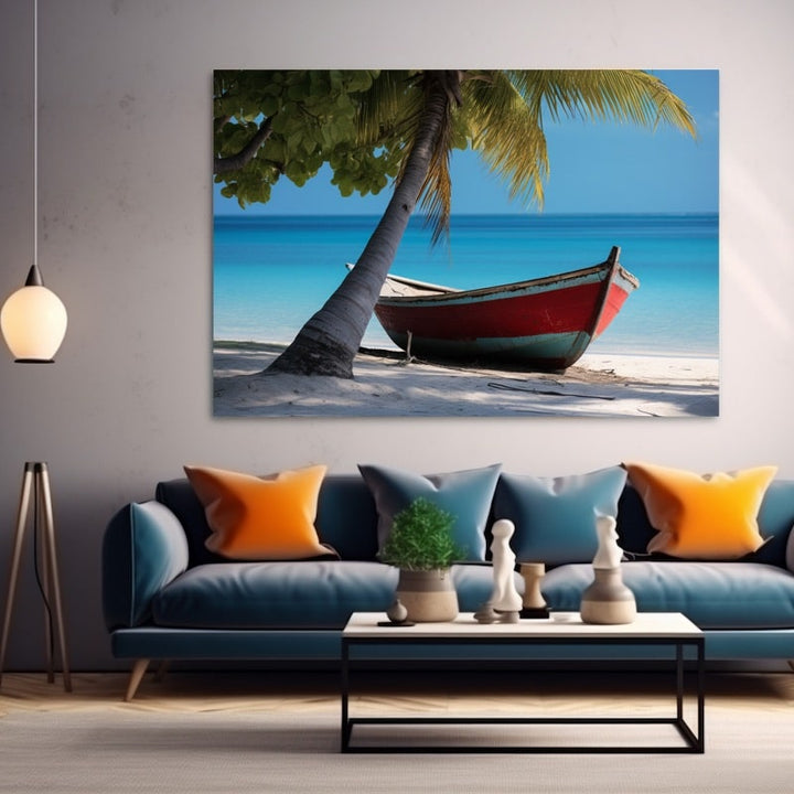 Tableau Plage Palmier Barque, art mural décoration nature