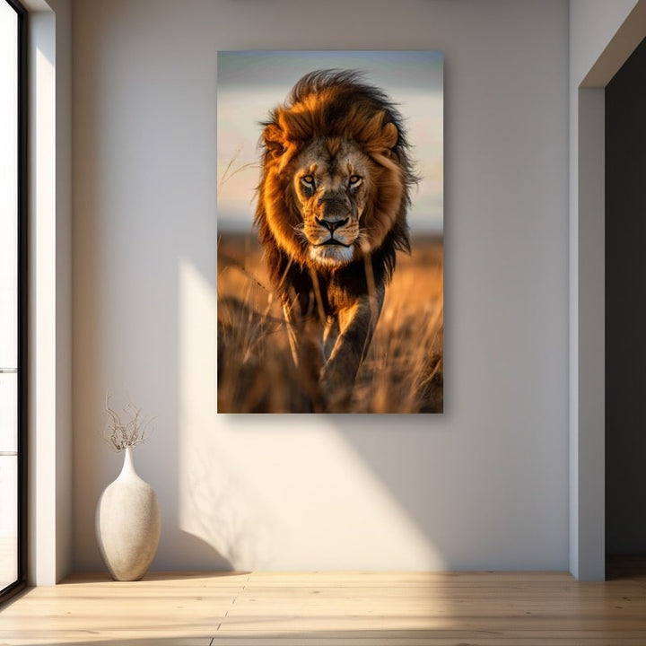 Tableau Lion Marchant dans la Savane, art mural décoration nature