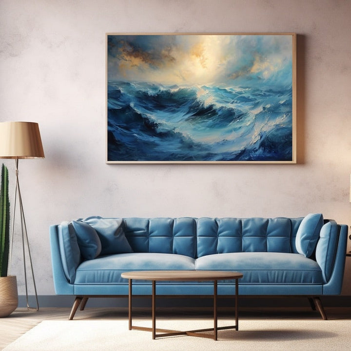 Tableau Vagues Déchaînées au Soleil Doré, art mural décoration nature