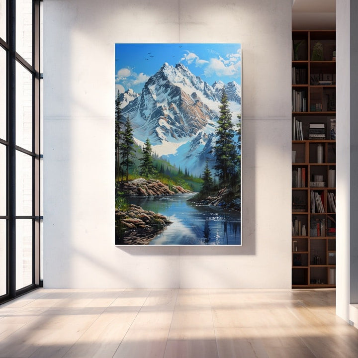 Tableau Montagne Enneigée et Rivière, art mural décoration nature