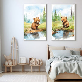 Tableau pour Enfant Ours Forêt, art mural décoration nature