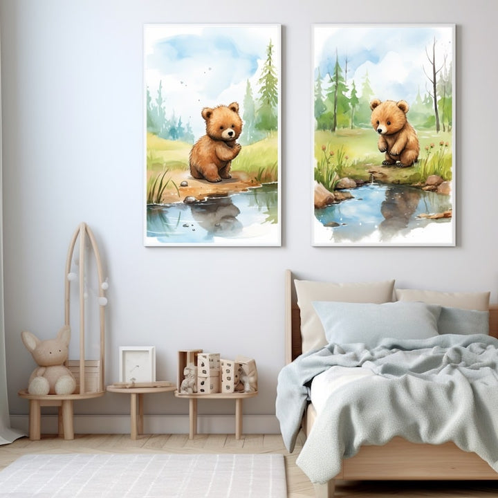 Tableau pour Enfant Ours Forêt, art mural décoration nature