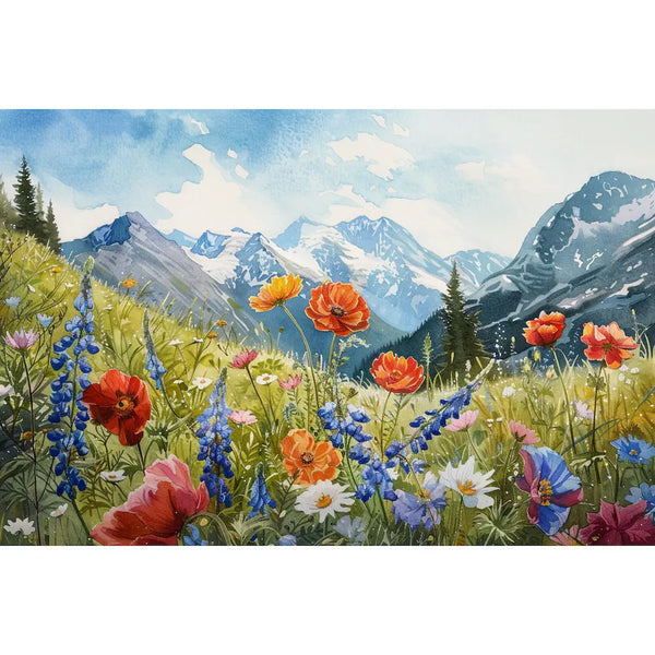 Tableau Prairie Fleurie en Montagne, art mural décoration nature