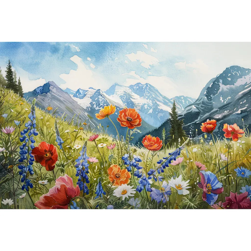 Tableau prairie fleurie alpine devant des montagnes enneigées