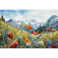 Thumbnail for Tableau prairie fleurie alpine devant des montagnes enneigées