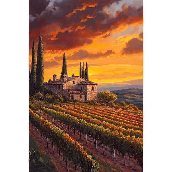 Tableau Mas Provençal au Coucher de Soleil - Cyprès et Champs, art mural décoration nature