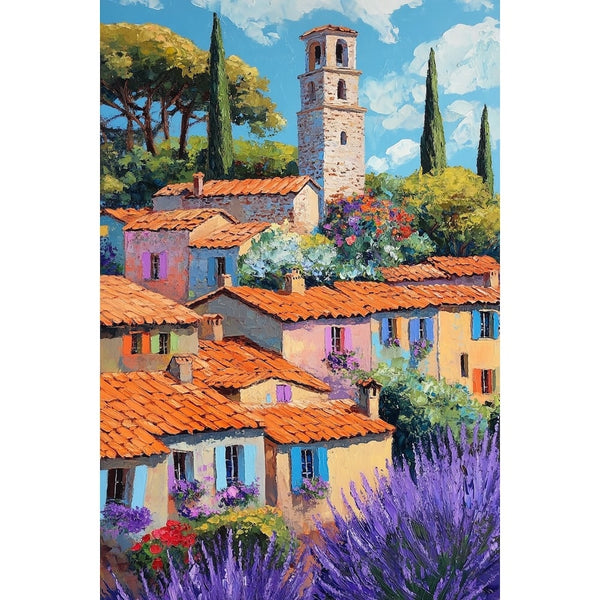 Tableau Village Provençal au Clocher de Pierre et Lavande, art mural décoration nature